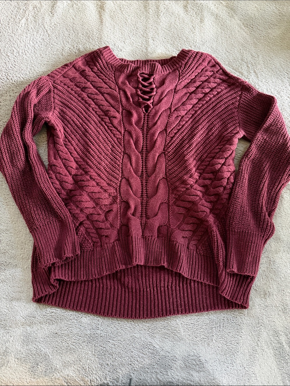 Cable Knit Lace-Up Crewneck Sweater - Wine